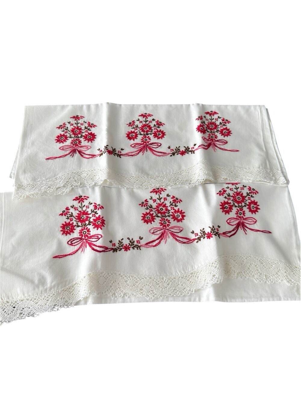 Pair Of Hand Embroidered Pillowcases Standard Size Red Flowers Lacy Edge